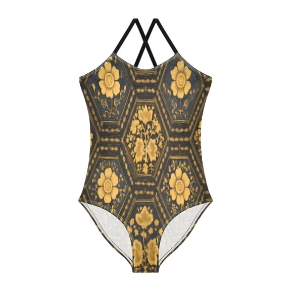BZSMCE One-Piece Swimsuit with Crisscross StrapsGolden Hex Tapestry Pattern