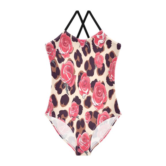 BZSMCE One-Piece Swimsuit with Crisscross StrapsLeopard Print Rose Pattern