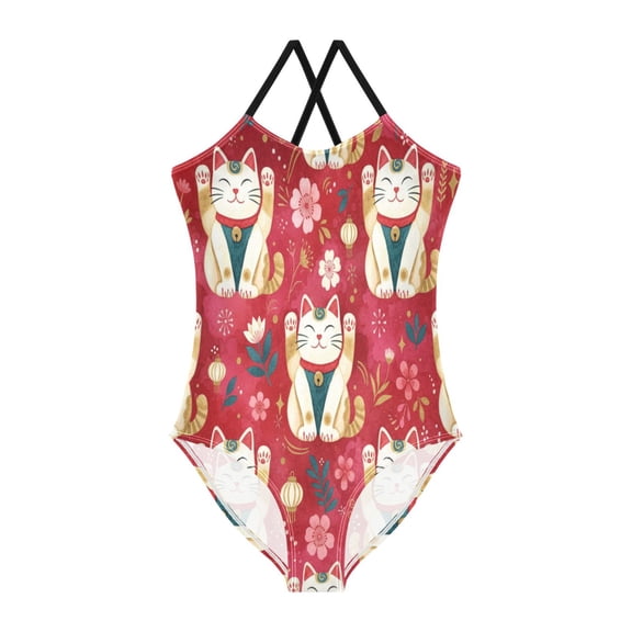 BZSMCE One-Piece Swimsuit with Crisscross StrapsLucky Cat Pattern