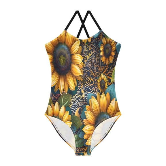 BZSMCE One-Piece Swimsuit with Crisscross StrapsMandala Sunflower Pattern