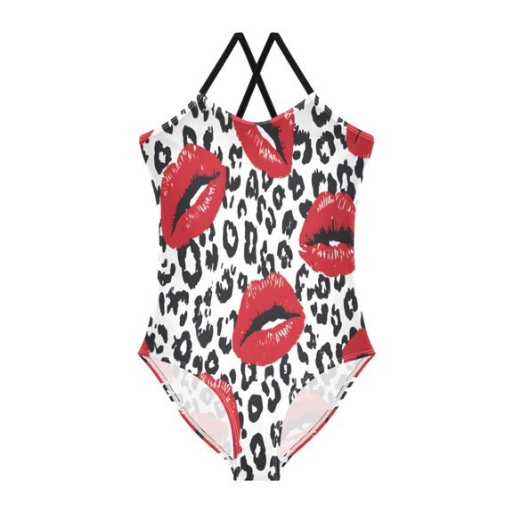 BZSMCE One-Piece Swimsuit with Crisscross StrapsMessage Red Lips Pattern