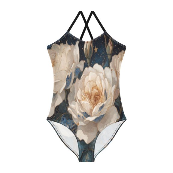 BZSMCE One-Piece Swimsuit with Crisscross StrapsNocturne White Blooms Pattern