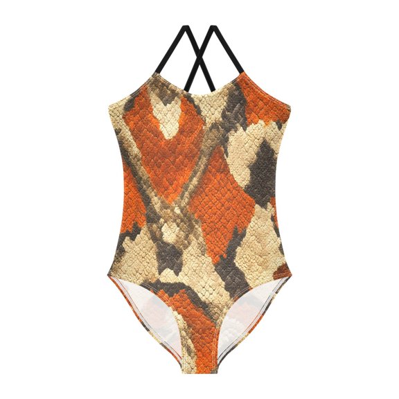 BZSMCE One-Piece Swimsuit with Crisscross StrapsOrange Python Pattern