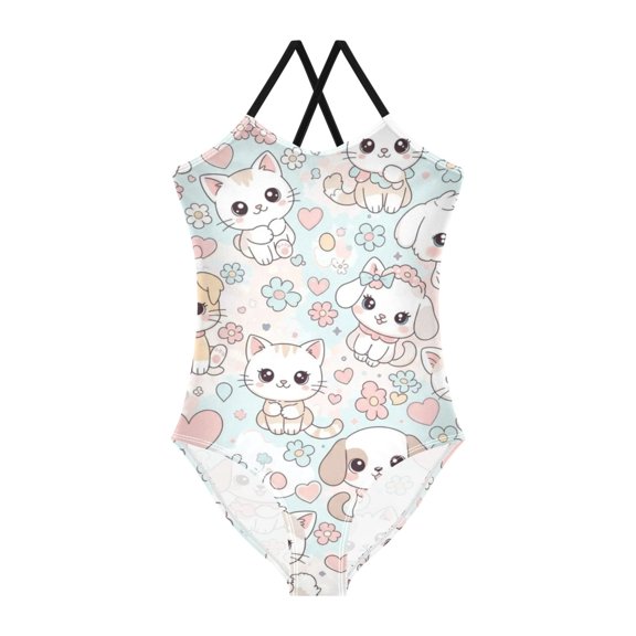 BZSMCE One-Piece Swimsuit with Crisscross StrapsPastel Pet Party Pattern