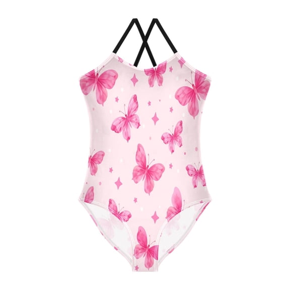 BZSMCE One-Piece Swimsuit with Crisscross StrapsPink Butterfly Pattern