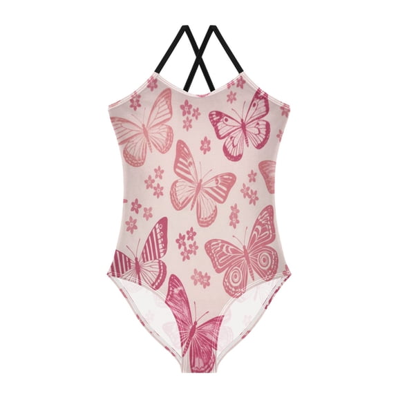 BZSMCE One-Piece Swimsuit with Crisscross StrapsPink Butterfly Pattern