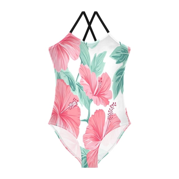 BZSMCE One-Piece Swimsuit with Crisscross StrapsPink Hibiscus Flower Pattern