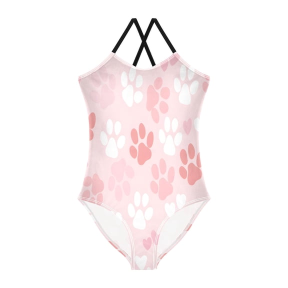 BZSMCE One-Piece Swimsuit with Crisscross StrapsPink Paw Print Pattern