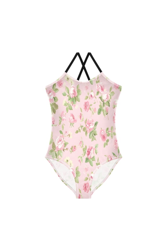 BZSMCE One-Piece Swimsuit with Crisscross StrapsPink Rose Pattern