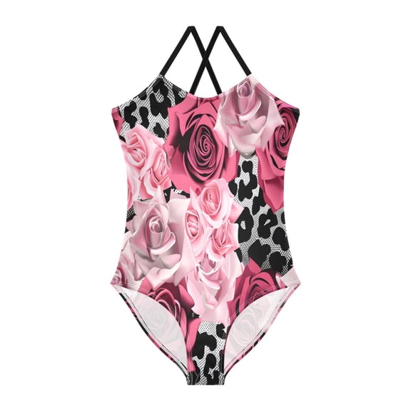 BZSMCE One-Piece Swimsuit with Crisscross StrapsPink Rose Red Rose Pattern