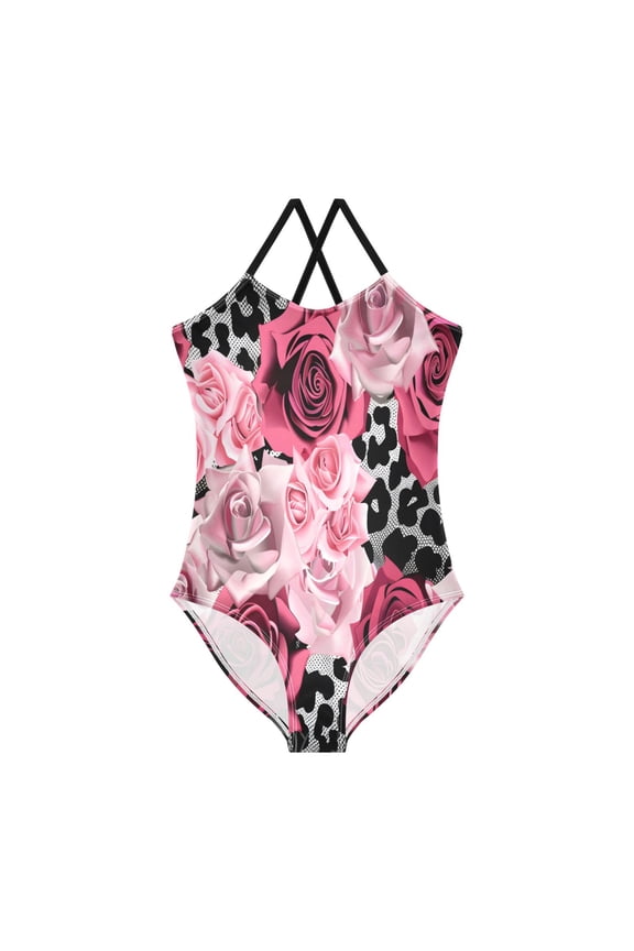 BZSMCE One-Piece Swimsuit with Crisscross StrapsPink Rose Red Rose Pattern
