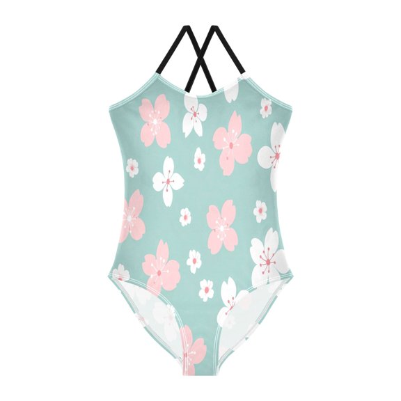 BZSMCE One-Piece Swimsuit with Crisscross StrapsPink White Cherry Blossom Pattern