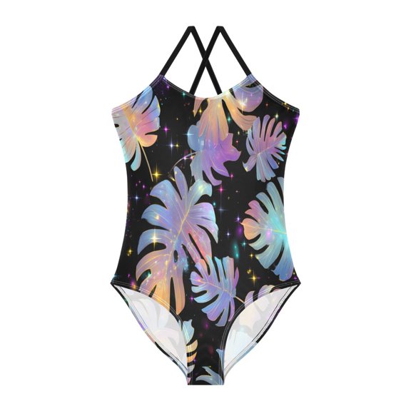 BZSMCE One-Piece Swimsuit with Crisscross StrapsPlatinum Palm Leaves Pattern