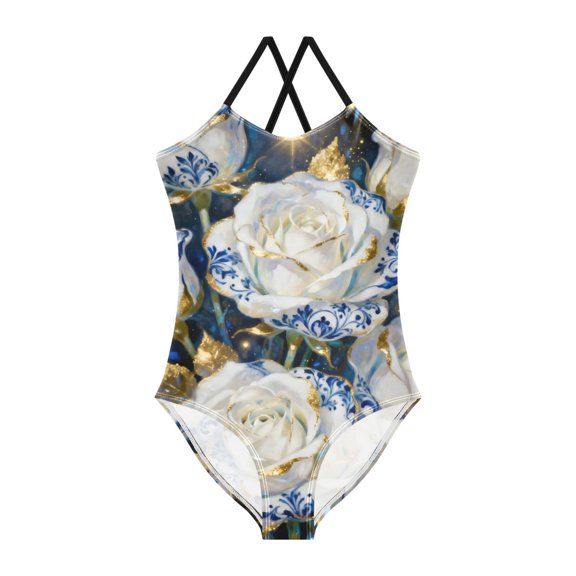 BZSMCE One-Piece Swimsuit with Crisscross StrapsPorcelain & Ivory Roses Pattern