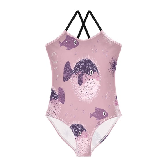 BZSMCE One-Piece Swimsuit with Crisscross StrapsPuffer Fish Pattern