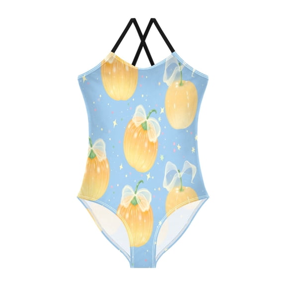 BZSMCE One-Piece Swimsuit with Crisscross StrapsPumpkin Bow Pattern