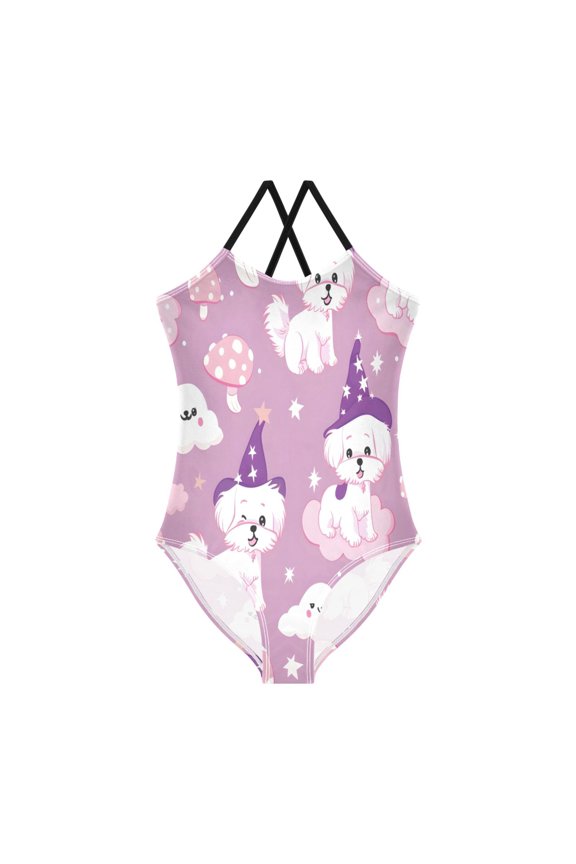 BZSMCE One-Piece Swimsuit with Crisscross StrapsPuppy Magic Hat Pattern