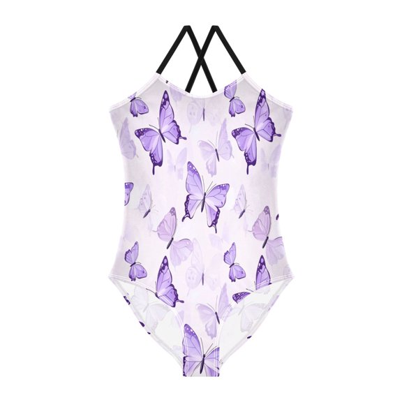 BZSMCE One-Piece Swimsuit with Crisscross StrapsPurple Butterflies Pattern
