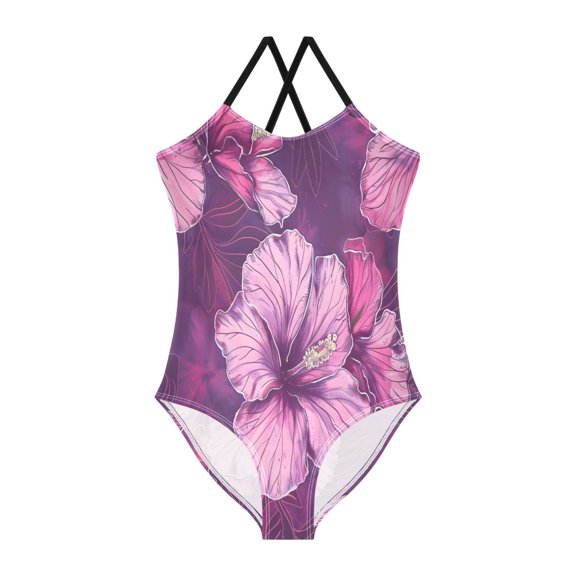 BZSMCE One-Piece Swimsuit with Crisscross StrapsPurple Hibiscus Flower Pattern