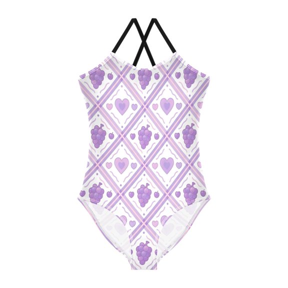 BZSMCE One-Piece Swimsuit with Crisscross StrapsPurple grape pattern Pattern