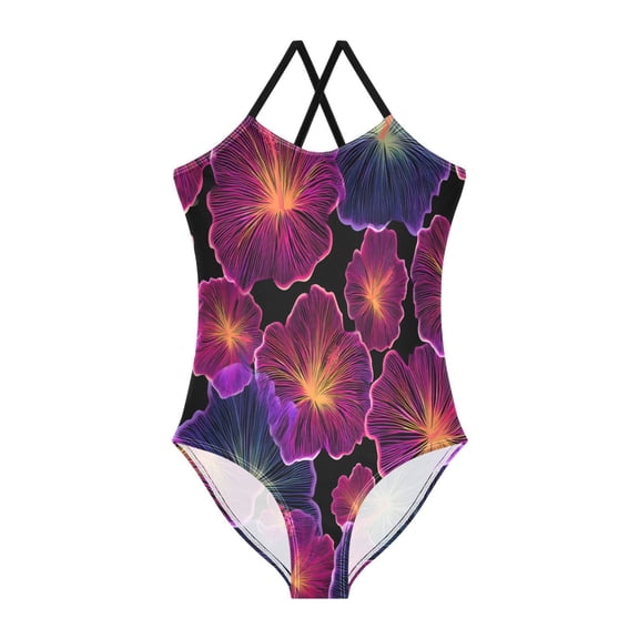 BZSMCE One-Piece Swimsuit with Crisscross StrapsRed Green Lines Hibiscus Flower Pattern