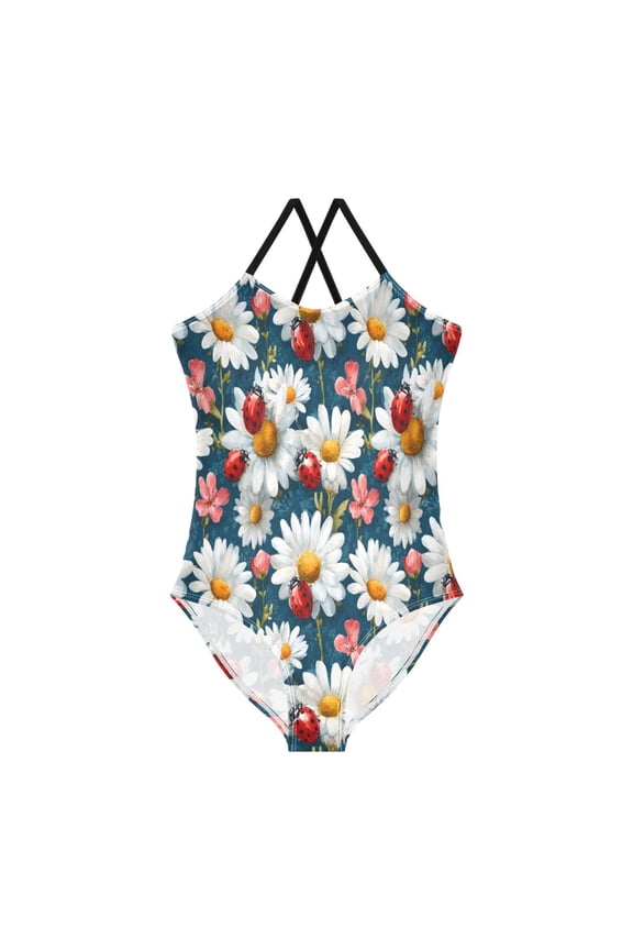 BZSMCE One-Piece Swimsuit with Crisscross StrapsRed Ladybugs Pattern