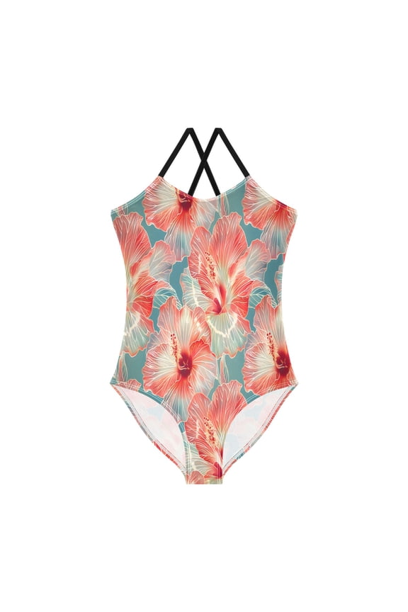 BZSMCE One-Piece Swimsuit with Crisscross StrapsRed Transparent Hibiscus Flower Pattern