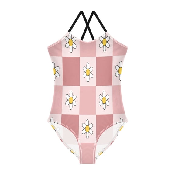 BZSMCE One-Piece Swimsuit with Crisscross StrapsRetro Blush Checkered Daisy Pattern