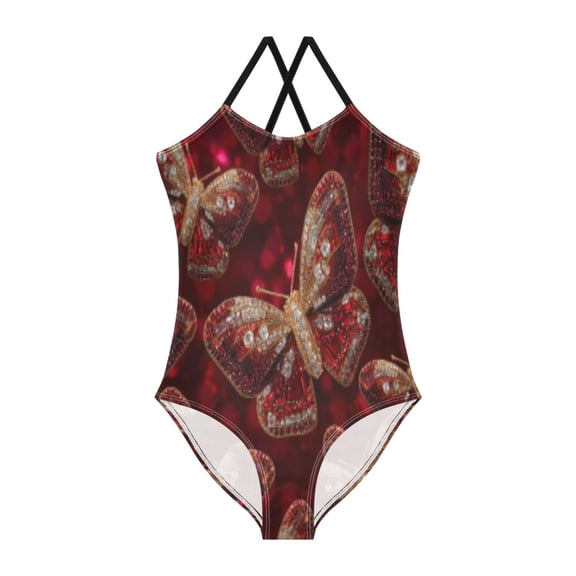 BZSMCE One-Piece Swimsuit with Crisscross StrapsRuby Winged Mosaic Pattern