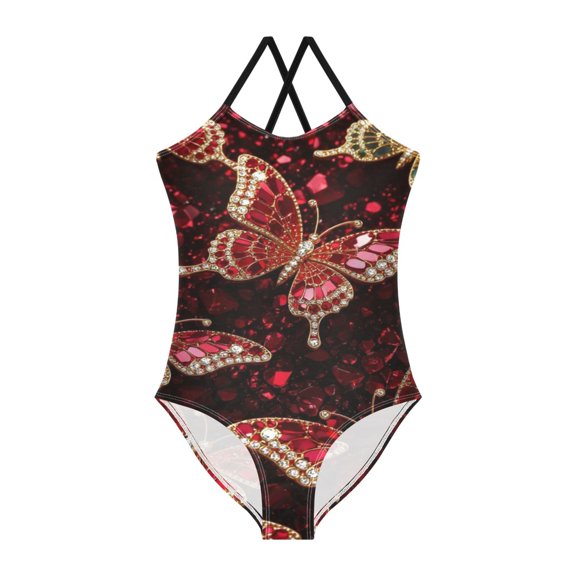 BZSMCE One-Piece Swimsuit with Crisscross StrapsRuby Winged Mosaic Pattern