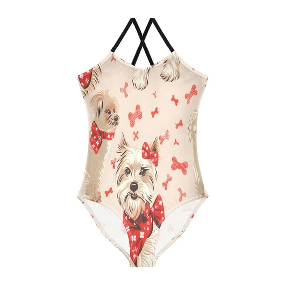 BZSMCE One-Piece Swimsuit with Crisscross StrapsSchnauzer Red Bow Red Bone Pattern