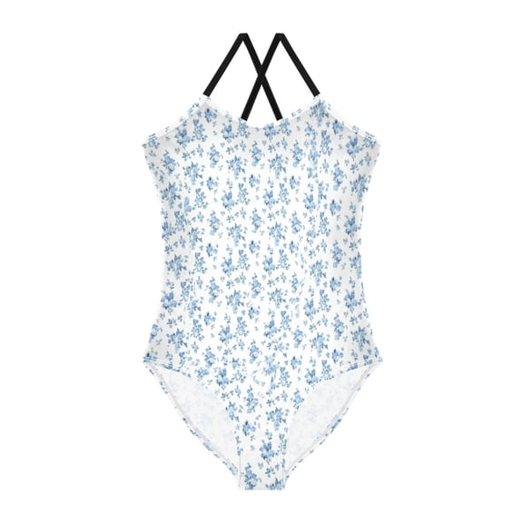 BZSMCE One-Piece Swimsuit with Crisscross StrapsSky Blue Sprig Pattern