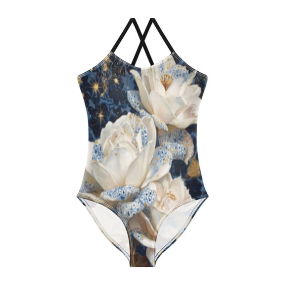 BZSMCE One-Piece Swimsuit with Crisscross StrapsStarry Ivory Roses Pattern