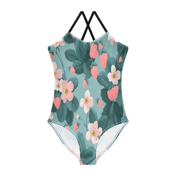 BZSMCE One-Piece Swimsuit with Crisscross StrapsStrawberry Flower Green Background Pattern