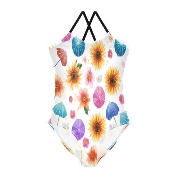 BZSMCE One-Piece Swimsuit with Crisscross StrapsSunflower Parasol Pattern