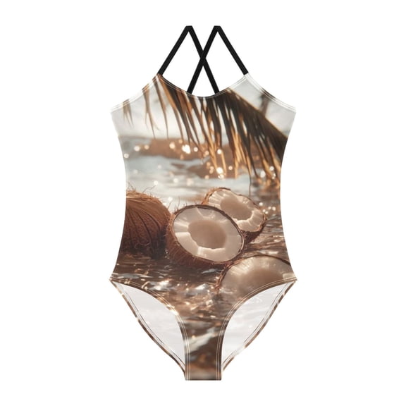 BZSMCE One-Piece Swimsuit with Crisscross StrapsTropical Coconut Drift Pattern