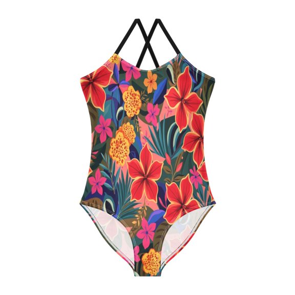 BZSMCE One-Piece Swimsuit with Crisscross StrapsTropical Hibiscus Bloom Pattern