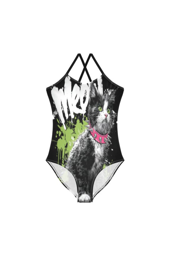 BZSMCE One-Piece Swimsuit with Crisscross StrapsUrban Feline Graffiti Pattern