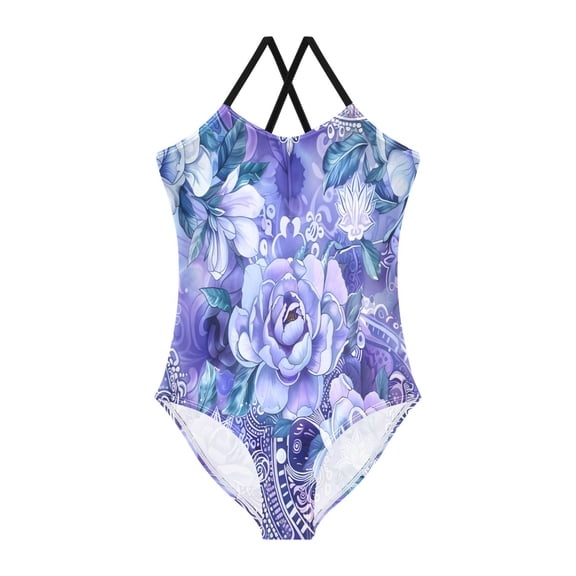 BZSMCE One-Piece Swimsuit with Crisscross StrapsWhite Purple Flower Mandshurica Pattern