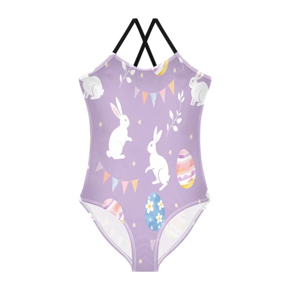 BZSMCE One-Piece Swimsuit with Crisscross StrapsWhite Rabbit Colorful Easter Egg Pattern