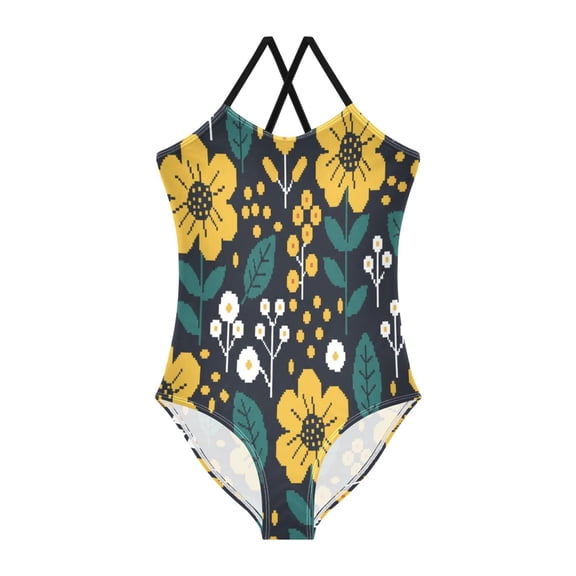 BZSMCE One-Piece Swimsuit with Crisscross StrapsYellow Floral on Black Background Pattern