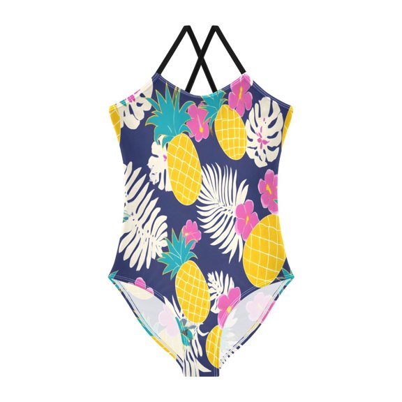 BZSMCE One-Piece Swimsuit with Crisscross StrapsYellow Pineapple Flower Pattern
