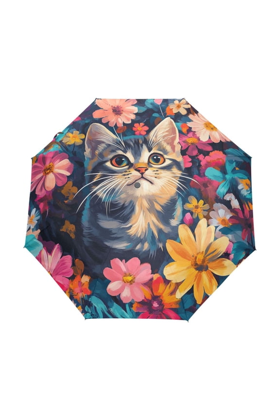 One-Touch Auto Open Close Rain Umbrella With Creative Cat Peeking Through Flowers Pattern