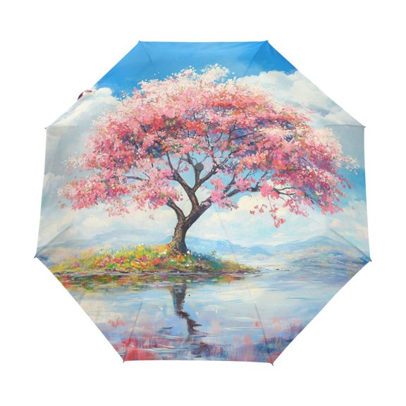 BZSMCE One-Touch Auto Open Close Rain Umbrella With Creative Cherry Blossom Serenity Pattern