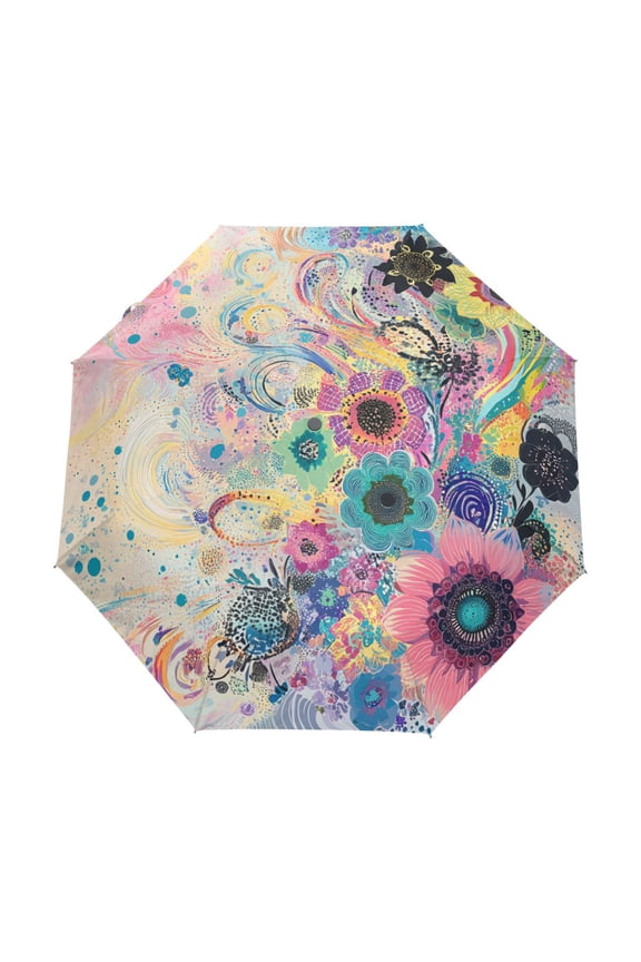 One-Touch Auto Open Close Rain Umbrella With Creative Colorful Botanical Explosion Pattern