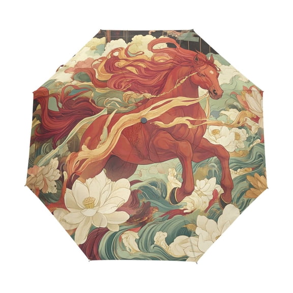 BZSMCE One-Touch Auto Open Close Rain Umbrella With Creative Colorful Horse Amidst Lotus Pattern
