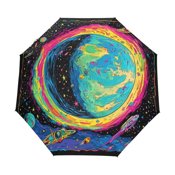 BZSMCE One-Touch Auto Open Close Rain Umbrella With Creative Colorful Planet and Stars Pattern
