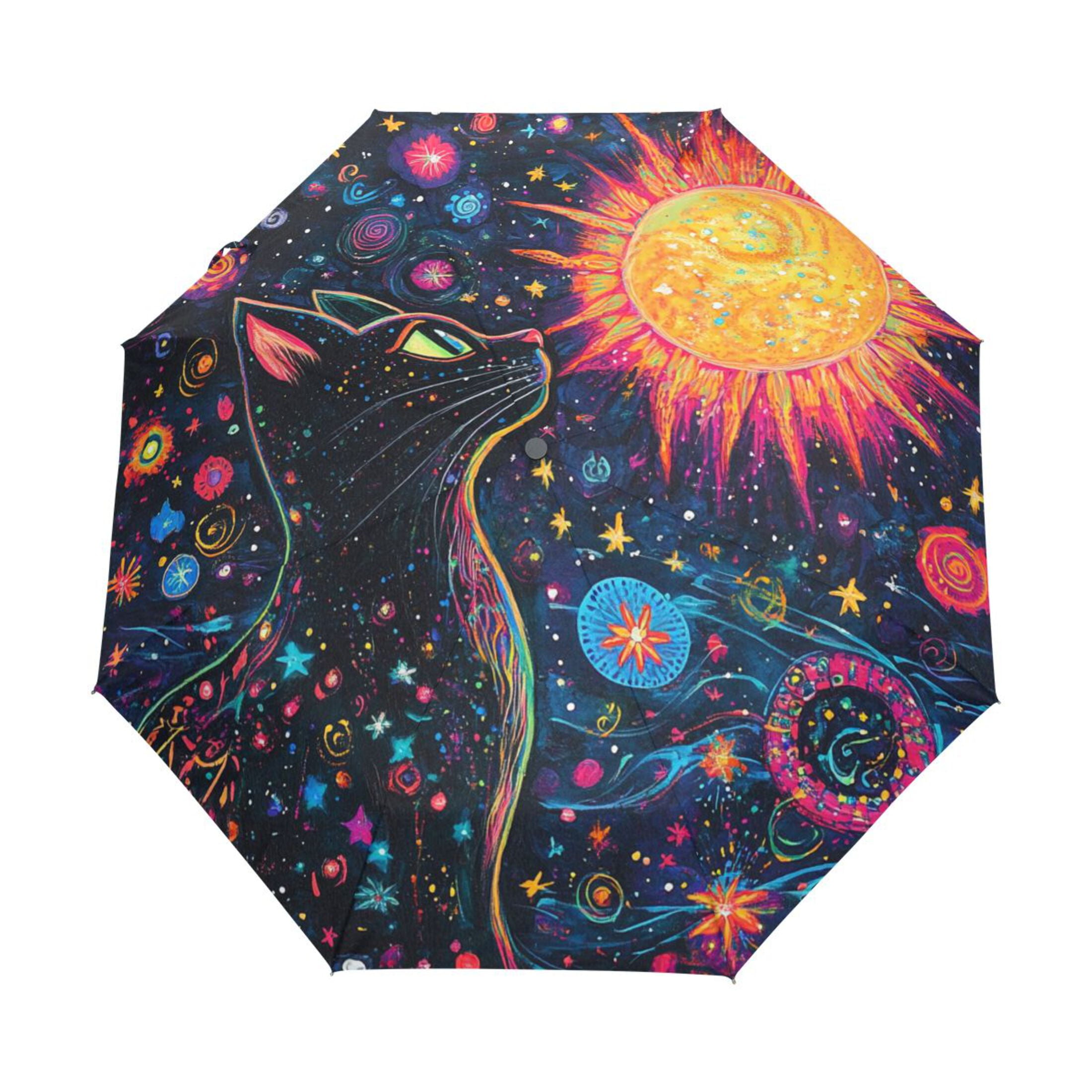 BZSMCE One-Touch Auto Open Close Rain Umbrella With Creative Cosmic Cat Pattern