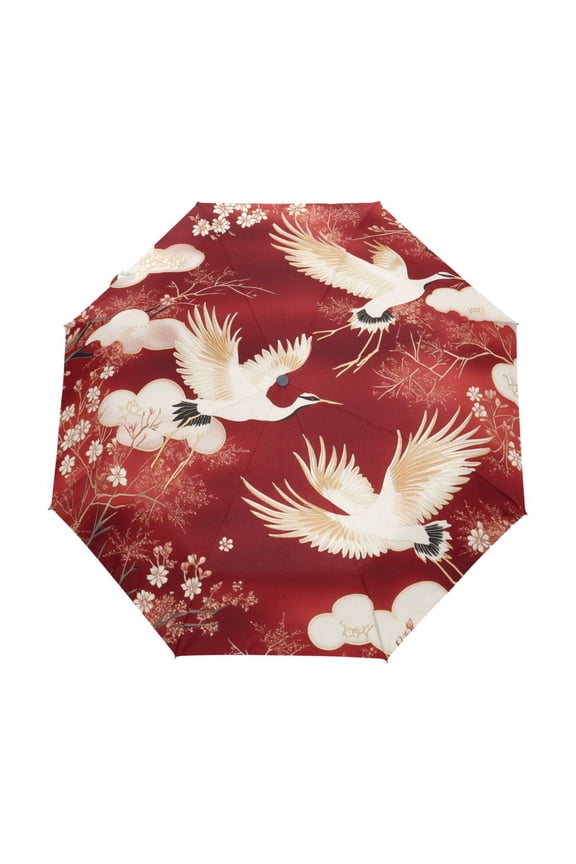 One-Touch Auto Open Close Rain Umbrella With Creative Crane Dance Pattern