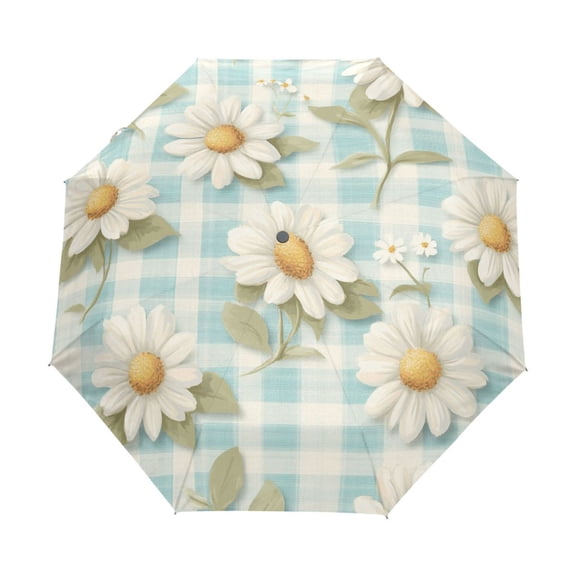 BZSMCE One-Touch Auto Open Close Rain Umbrella With Creative Daisy Delight on Plaid Pattern